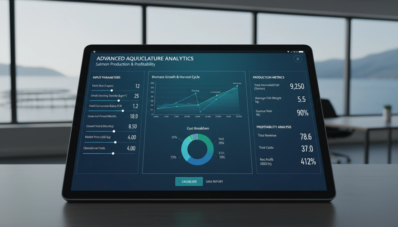 Salmon Farming 1 Salmon Farming calculator interface showing aquaculture production metrics