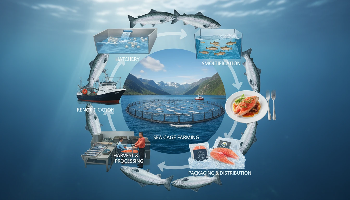 Salmon Farming 2 Salmon Farming production cycle showing hatchery to harvest process