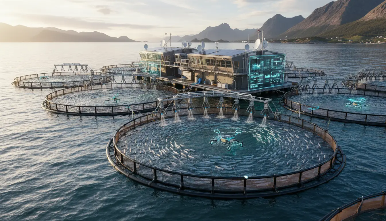 Salmon Farming 4 Future Salmon Farming technology showing automated feeding systems and monitoring