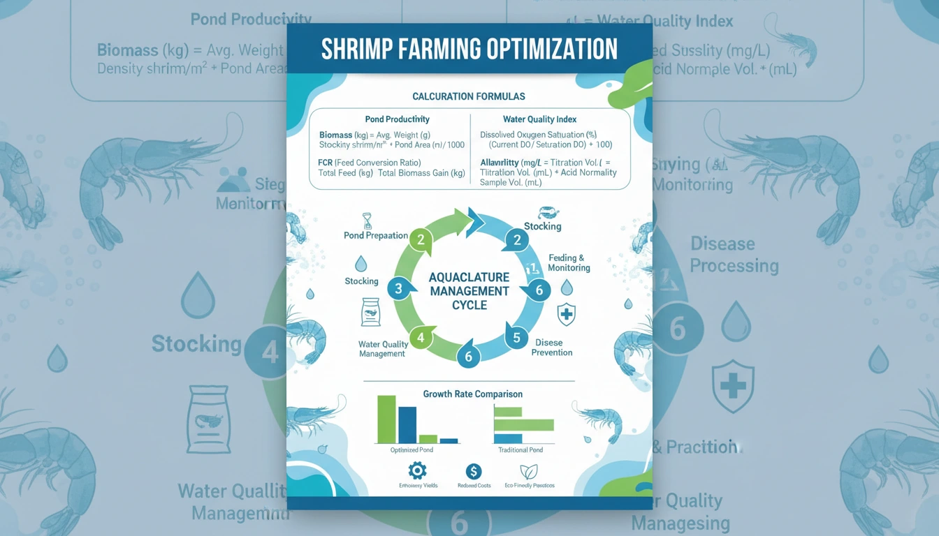 Shrimp Farming 1 Shrimp farming calculation formulas and aquaculture management infographic for optimizing shrimp farming operations