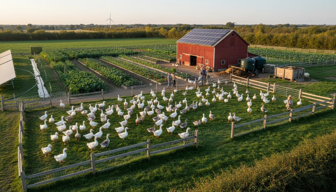 Goose Farming 1 Goose Farming operation showing geese in a healthy farm environment