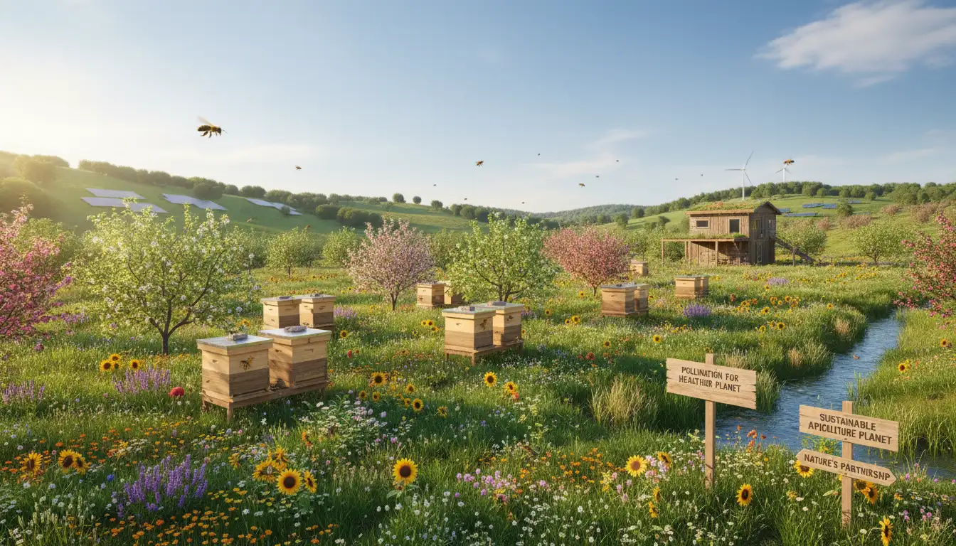 Sustainable bee farming techniques showing environmental benefits and pollination services