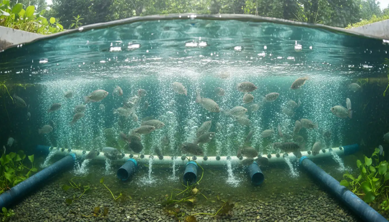 Tilapia Farming 3 Tilapia fish feeding in pond with proper aeration system visible