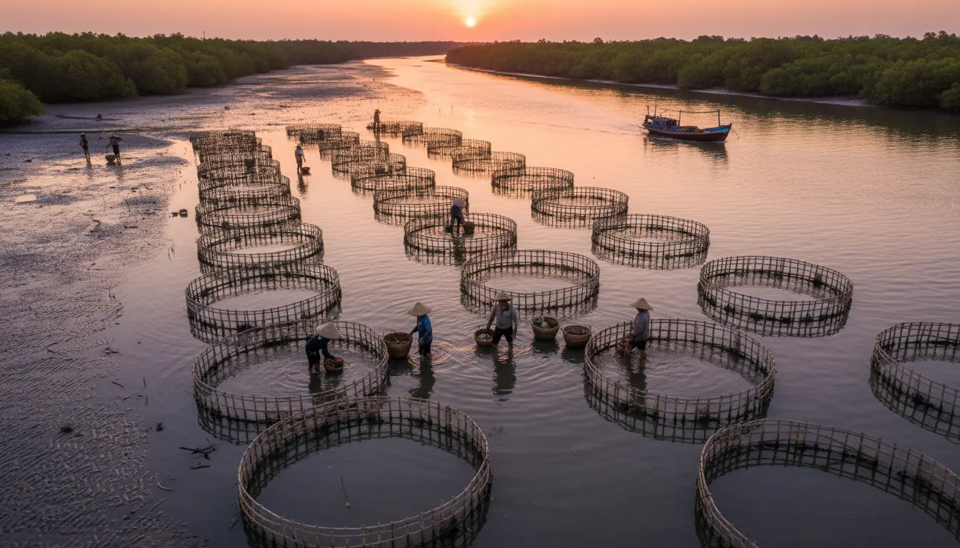Crab Farming 3 Detailed infographic showing crab farming lifecycle from juvenile to market size in aquaculture systems