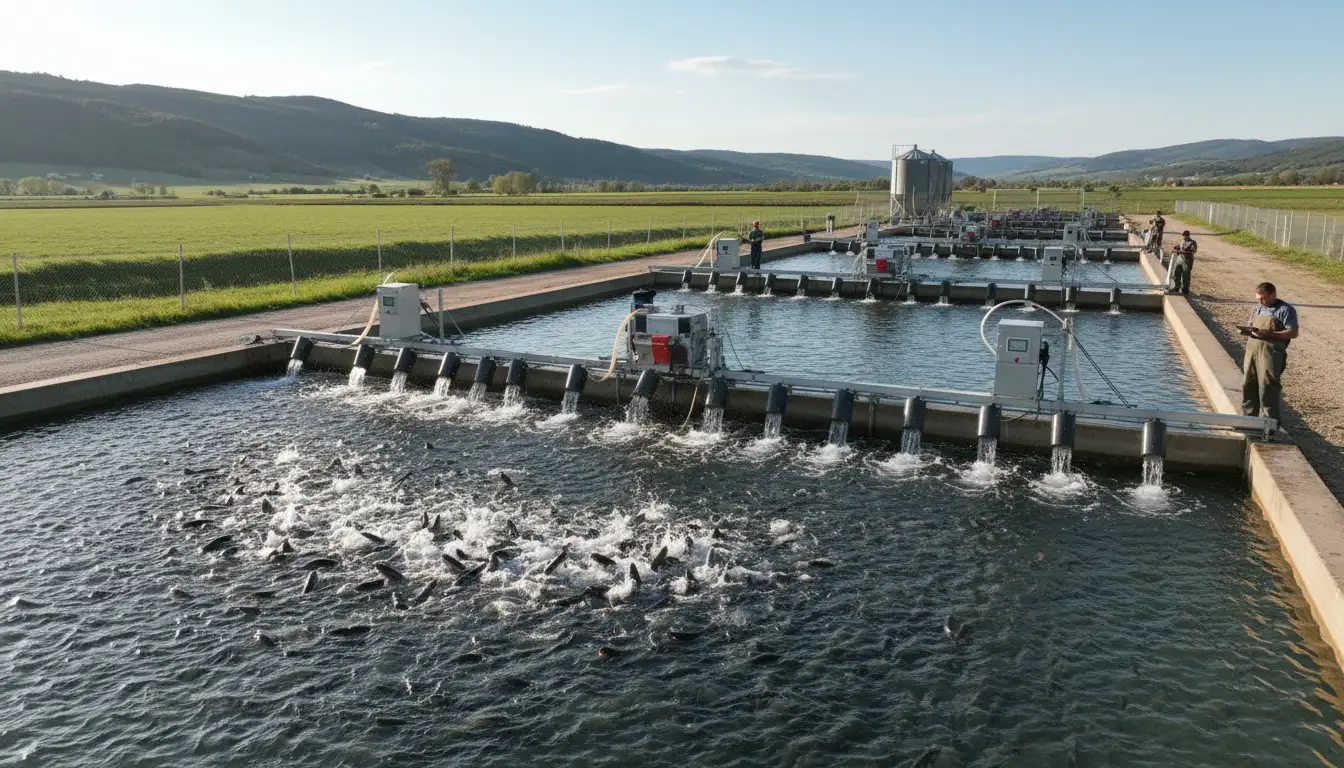 Trout farming feeding process with automatic feeders ensuring consistent nutrition