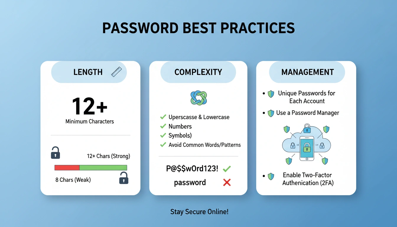 Visual guide to password best practices including length, complexity, and management guidelines