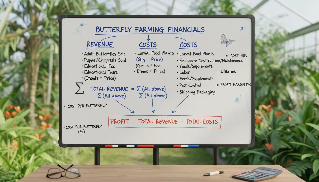 Butterfly Farming 2 Visual representation of butterfly farming calculation formulas showing revenue, costs, and profit relationship