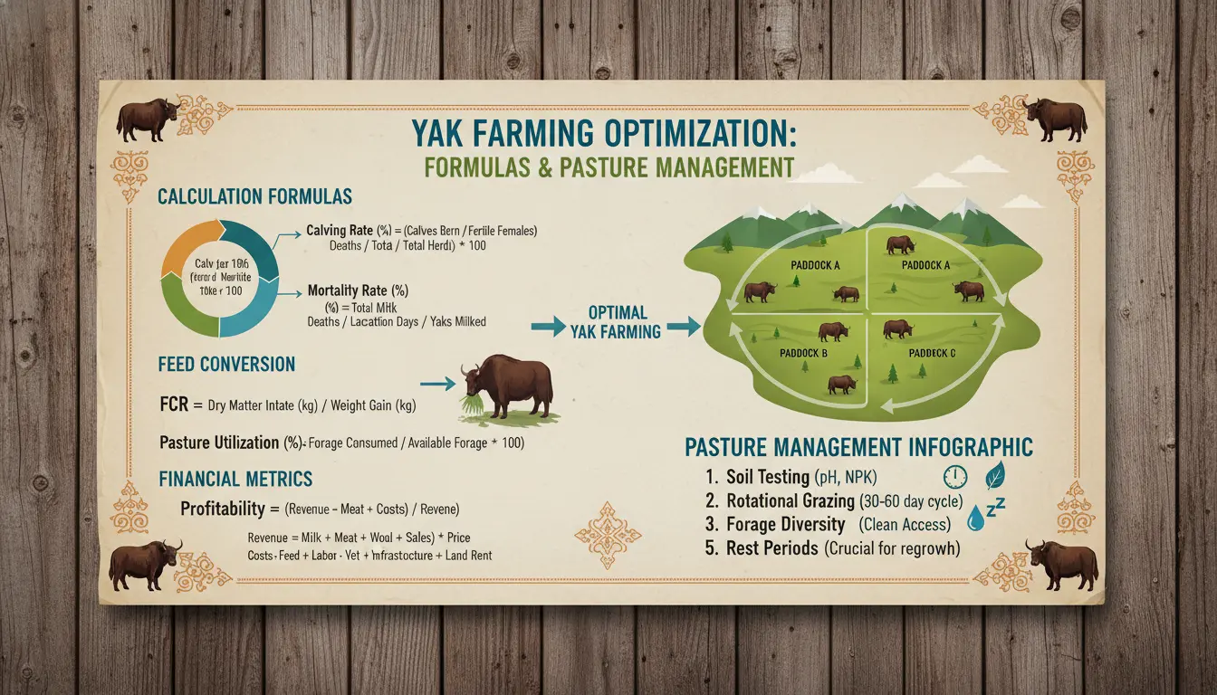 Yak Farming 1 Yak farming calculation formulas and pasture management infographic for optimizing yak farming operations