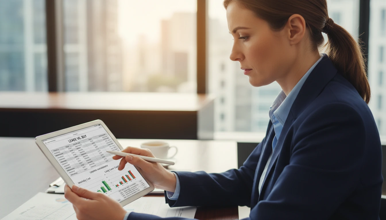 Businessperson analyzing lease versus buy options on digital tablet