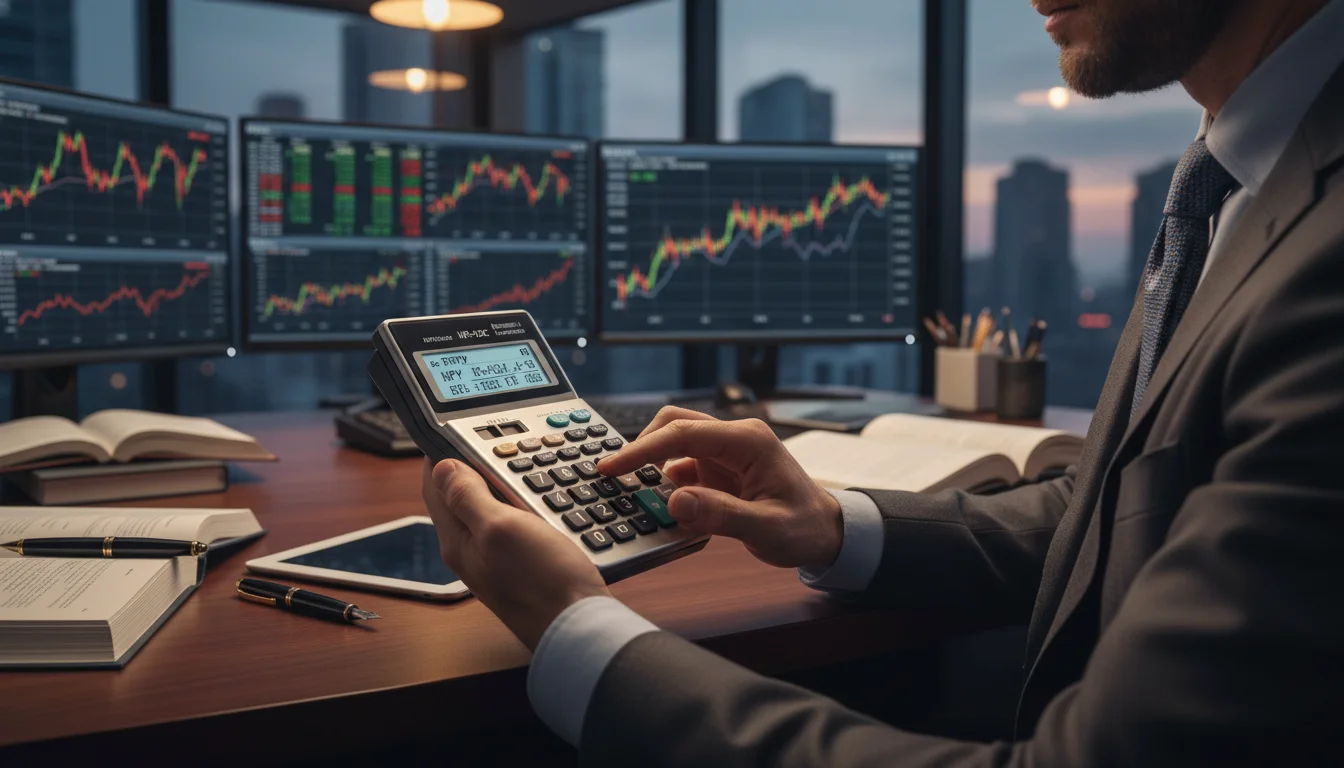 Financial analyst using advanced Return on Investment Calculator software on tablet